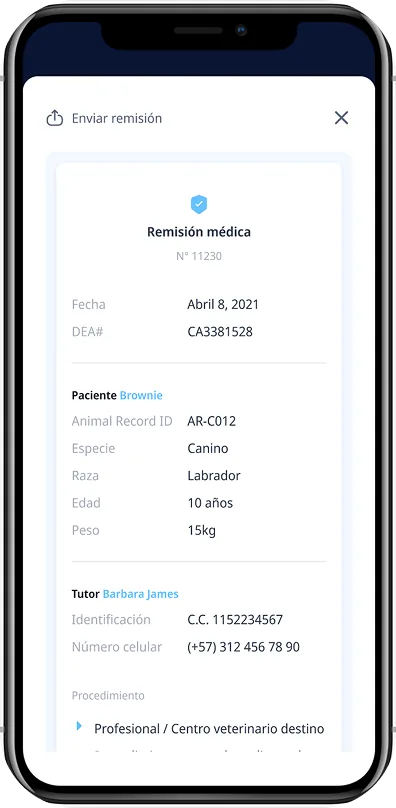 Remisión médica en la app Animal Record