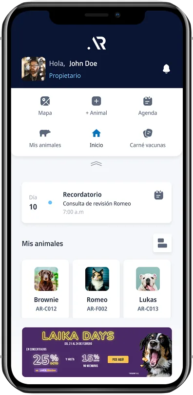 Panel de inicio en la app Animal Record